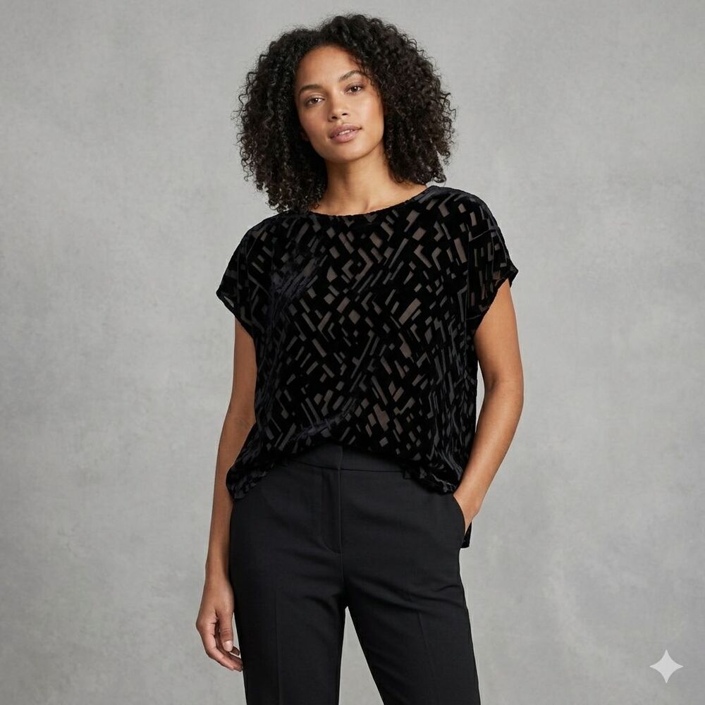 Eileen Fisher Silk Geometric Velvet Burnout Boxy Top Womens XL Black Blouse NWT
